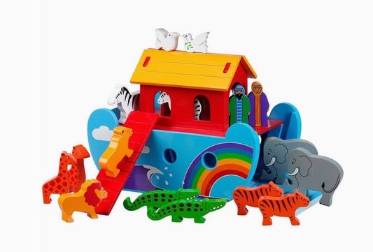 Colorful toy Noah's Ark with animals on a white background WOODEN RAINBOW ARK - HANDMADE & FAIR TRADE | LANKA KADE