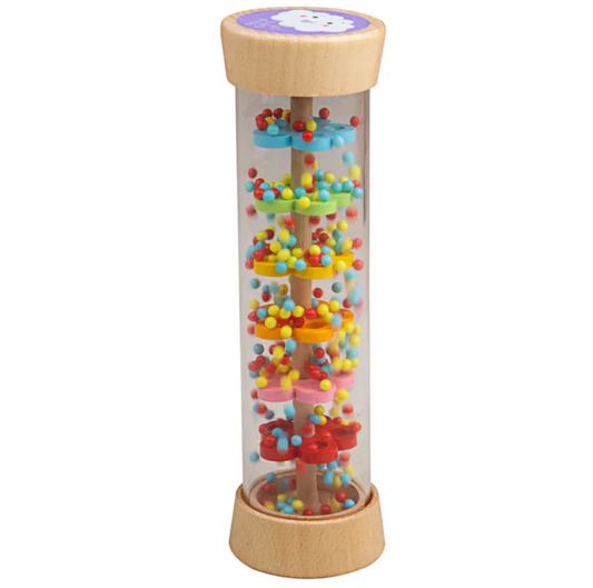 Colorful wooden sensory toy rainmaker with beads in a clear tube on a white background WOODEN RAINMAKER | BIGJIGS
