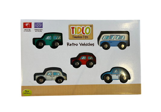 Box of Tidlo retro vehicles toy. WOODEN RETRO VEHICLE TOY CAR SET | TIDLO
