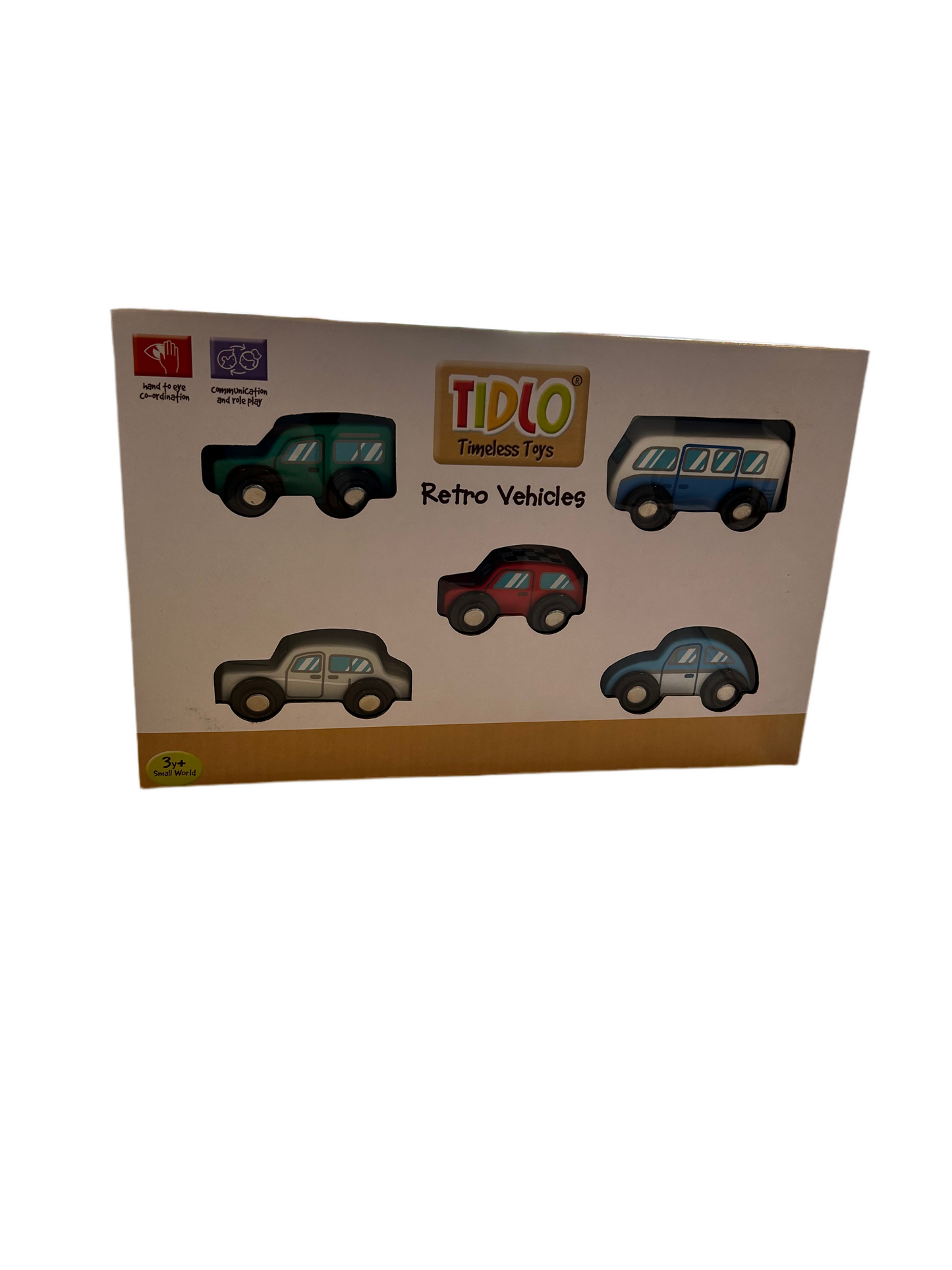 Box of Tidlo retro vehicles. WOODEN RETRO VEHICLE TOY CAR SET | TIDLO