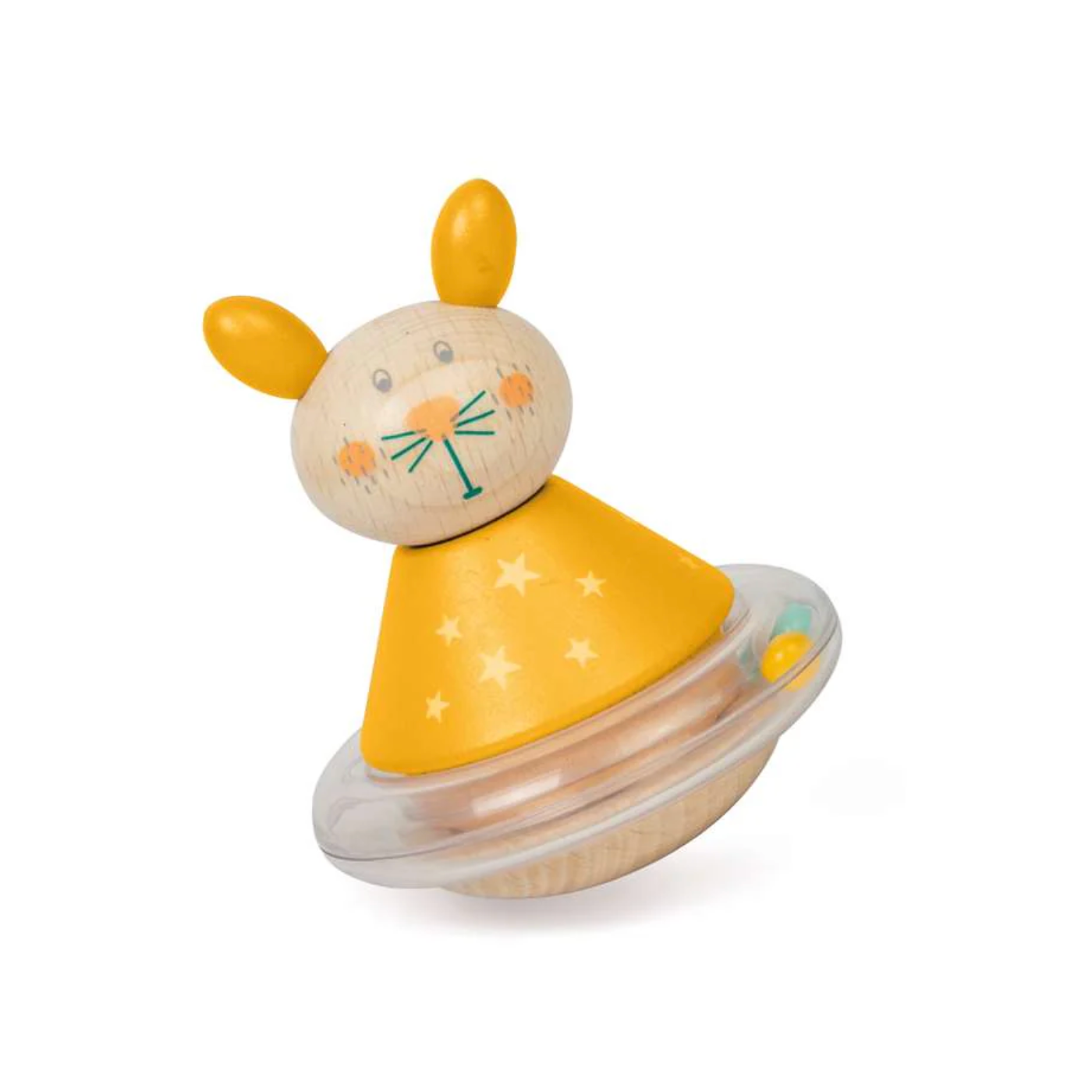 A wooden roly poly rabbit toy with yellow body, black eyes, and a wobbling base. WOODEN ROLY POLY RABBIT | BIGJIGS