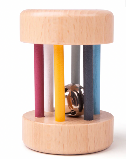 natural wooden roll rattle baby toy for sensory and motor development. WOODEN SENSORY ROLL RATTLE | BIGJIGS