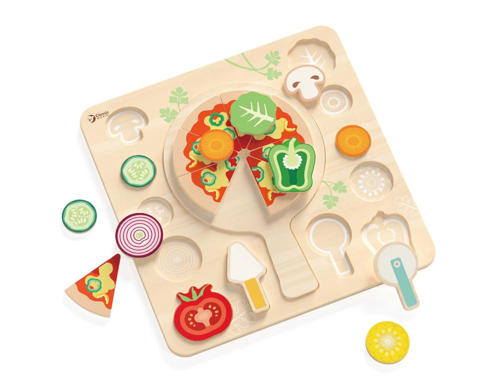 Wooden toy pizza board with various food-shaped cutouts. WOODEN SHAPE MATCHING PIZZA PUZZLE | CLASSIC WORLD