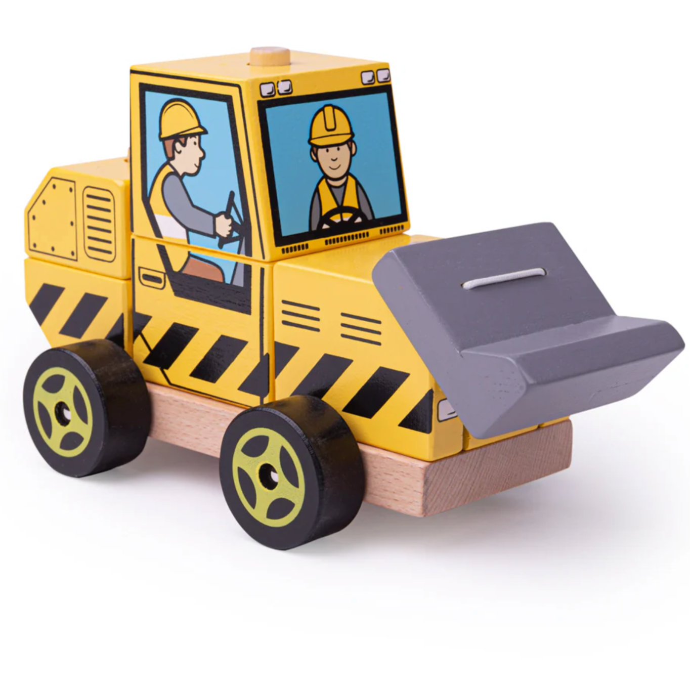 A bright yellow wooden stacking toy bulldozer with a movable front dozer blade and a cartoon driver figure in the cabin. The toy is designed with construction-style patterns and has black wheels. WOODEN STACKING BULLDOZER | BIGJIGS