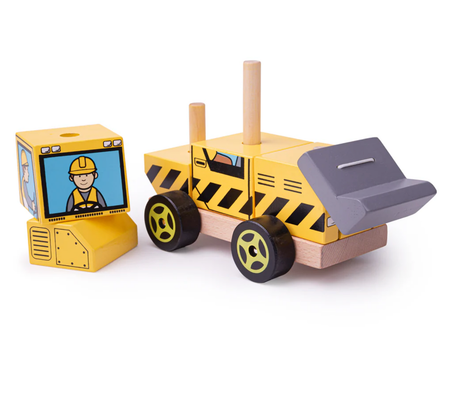 A bright yellow wooden stacking toy resembling a bulldozer with a stack of colorful blocks and a cartoon bulldozer driver on the side. WOODEN STACKING BULLDOZER | BIGJIGS