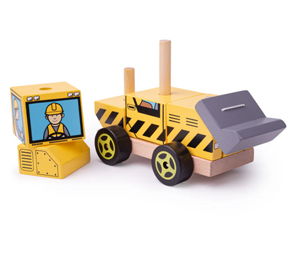 A bright yellow wooden stacking toy resembling a bulldozer with a stack of colorful blocks and a cartoon bulldozer driver on the side. WOODEN STACKING BULLDOZER | BIGJIGS