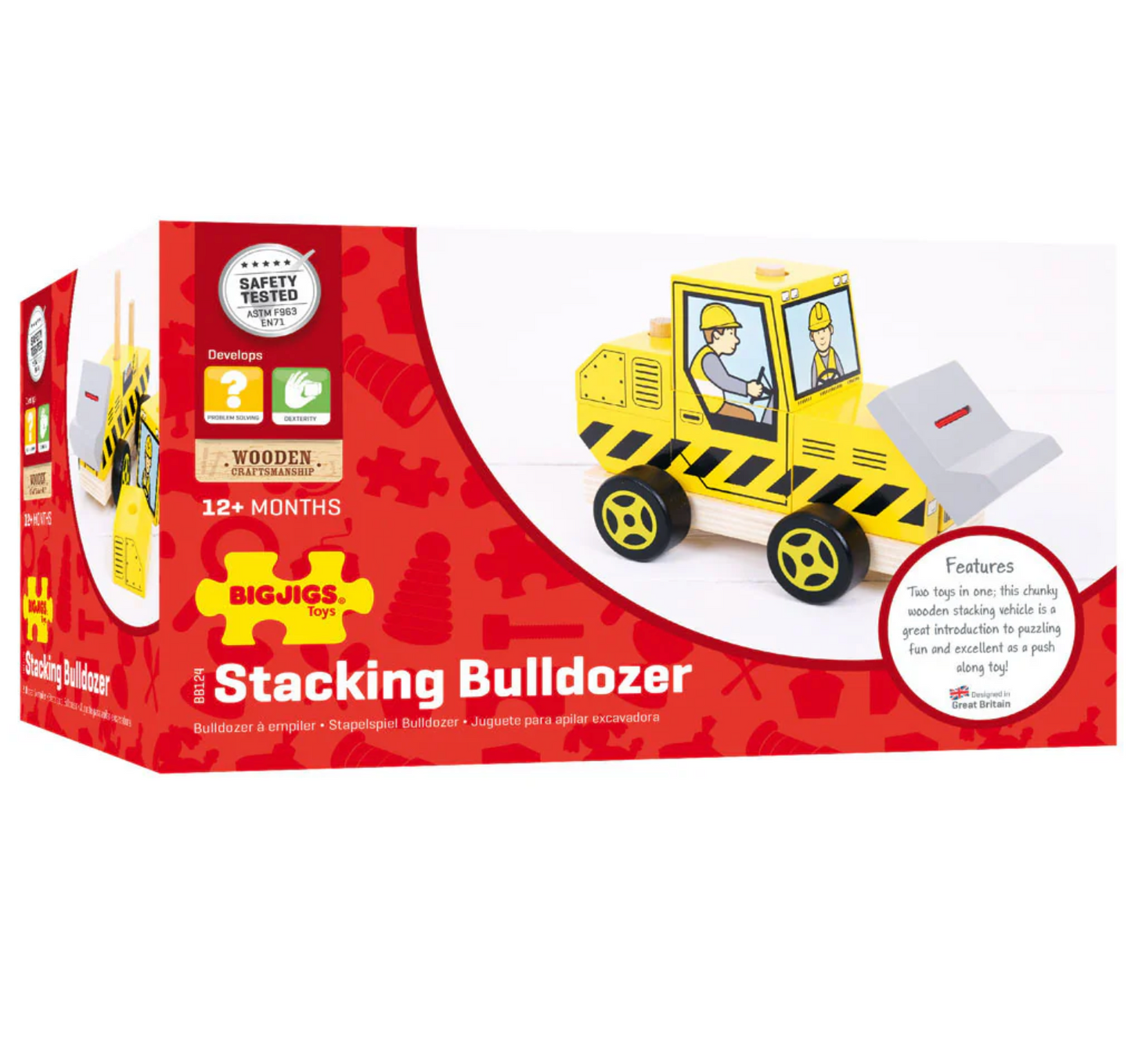 Box of Bigjigs Stacking Bulldozer toy on a white background WOODEN STACKING BULLDOZER | BIGJIGS