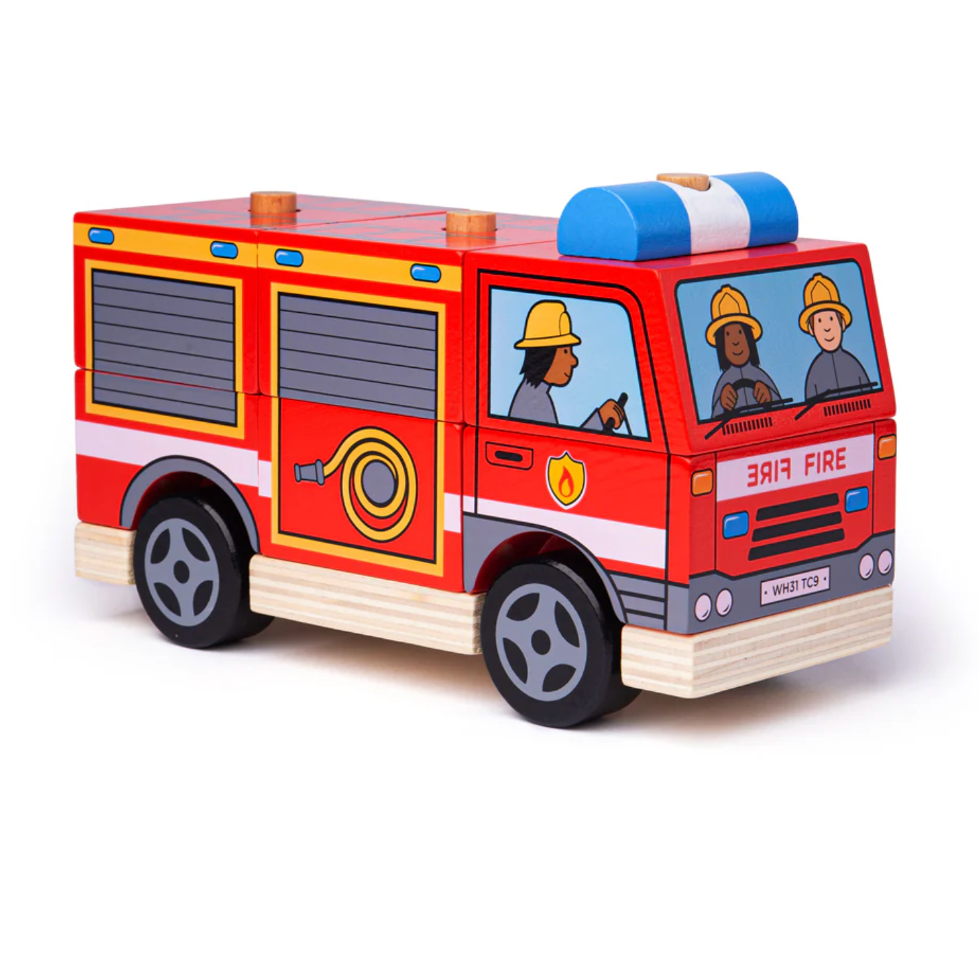 Toy fire truck with wooden base on a white background WOODEN STACKING FIRE ENGINE | BIGJIGS