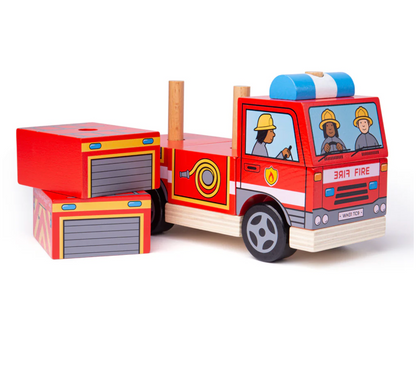 Wooden toy fire truck with two figures inside, resembling firefighters, on a white background. WOODEN STACKING FIRE ENGINE | BIGJIGS