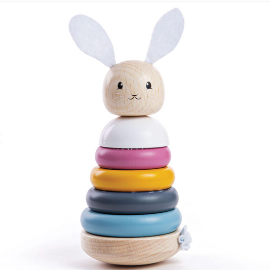 A wooden stacking toy consisting of a rabbit with rings stacked on top in a variety of colors, with a light background. WOODEN STACKING RABBIT | BIGJIGS