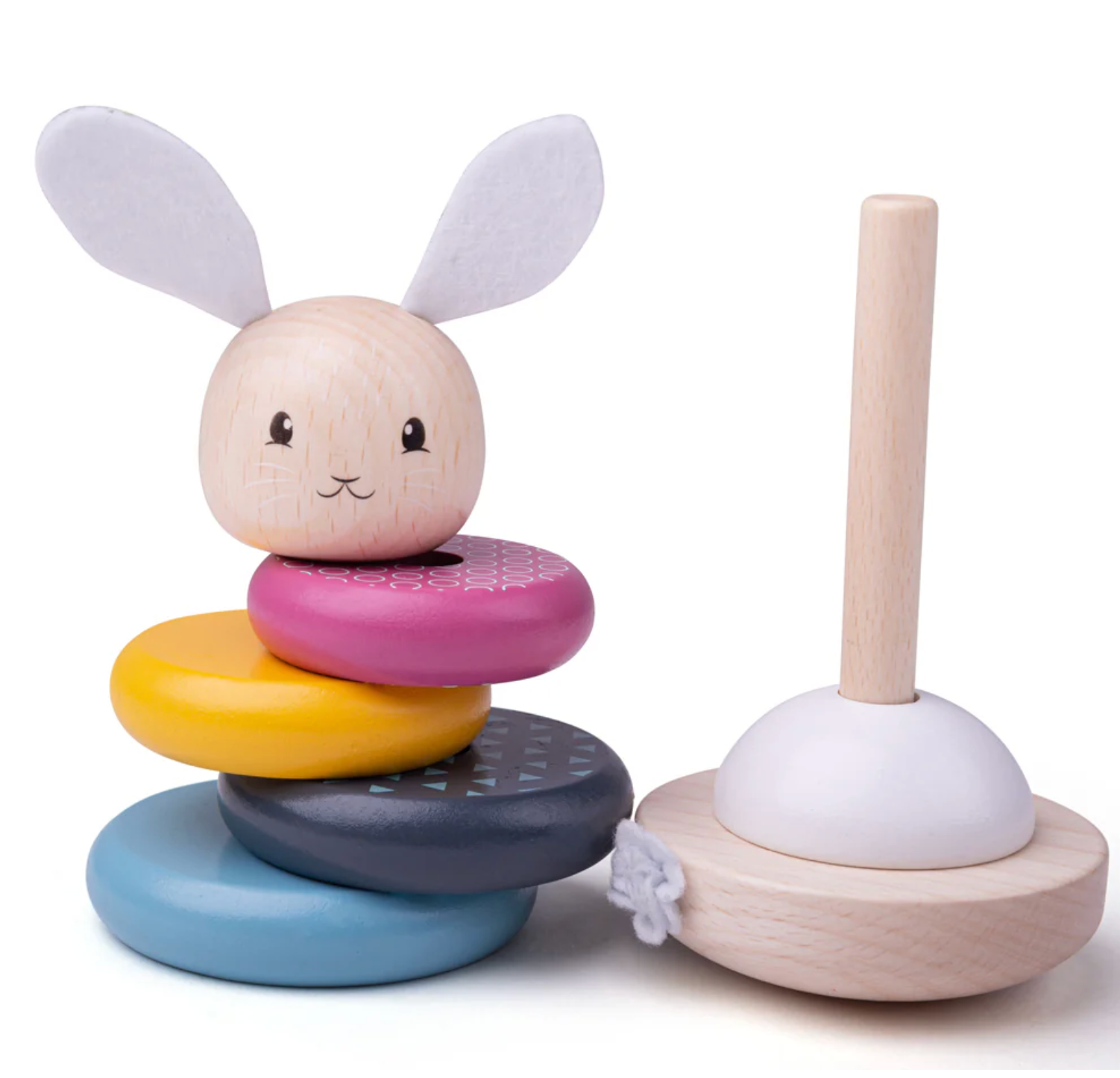 Wooden toy with rabbit design and colorful rings on a white background WOODEN STACKING RABBIT | BIGJIGS