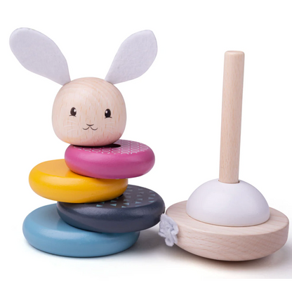 Wooden toy with rabbit design and colorful rings on a white background WOODEN STACKING RABBIT | BIGJIGS
