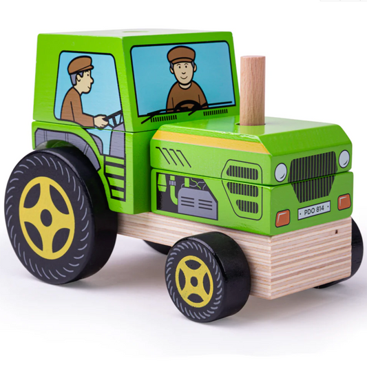 Toy jeep with cartoon-like design on a white background WOODEN STACKING TRACTOR | BIGJIGS