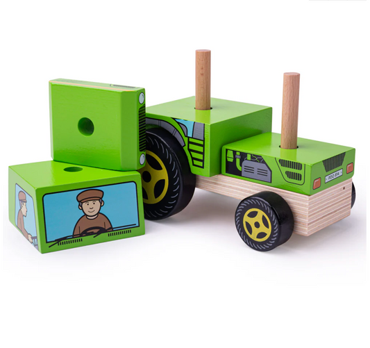 A green wooden stacking tractor toy with a detail of a farmer on the side, made of FSC Certified wood. WOODEN STACKING TRACTOR | BIGJIGS