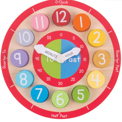 A wooden teaching clock with color-coordinated numbers 1 to 12 and sections for minutes and hours, designed for teaching time and basic math. WOODEN TEACHING CLOCK | BIGJIGS