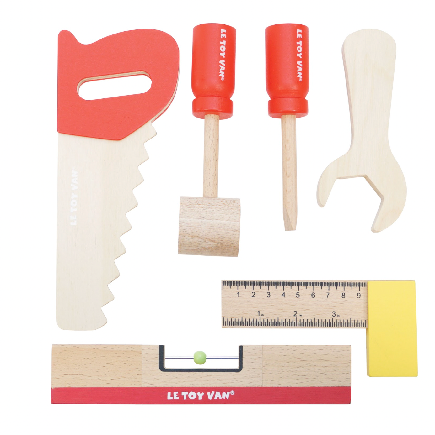 Set of toy tools including a saw, hammer, wrench, ruler, and level with 'Le Toy Van' branding on a white background. WOODEN TOOL BENCH | LE TOY VAN 