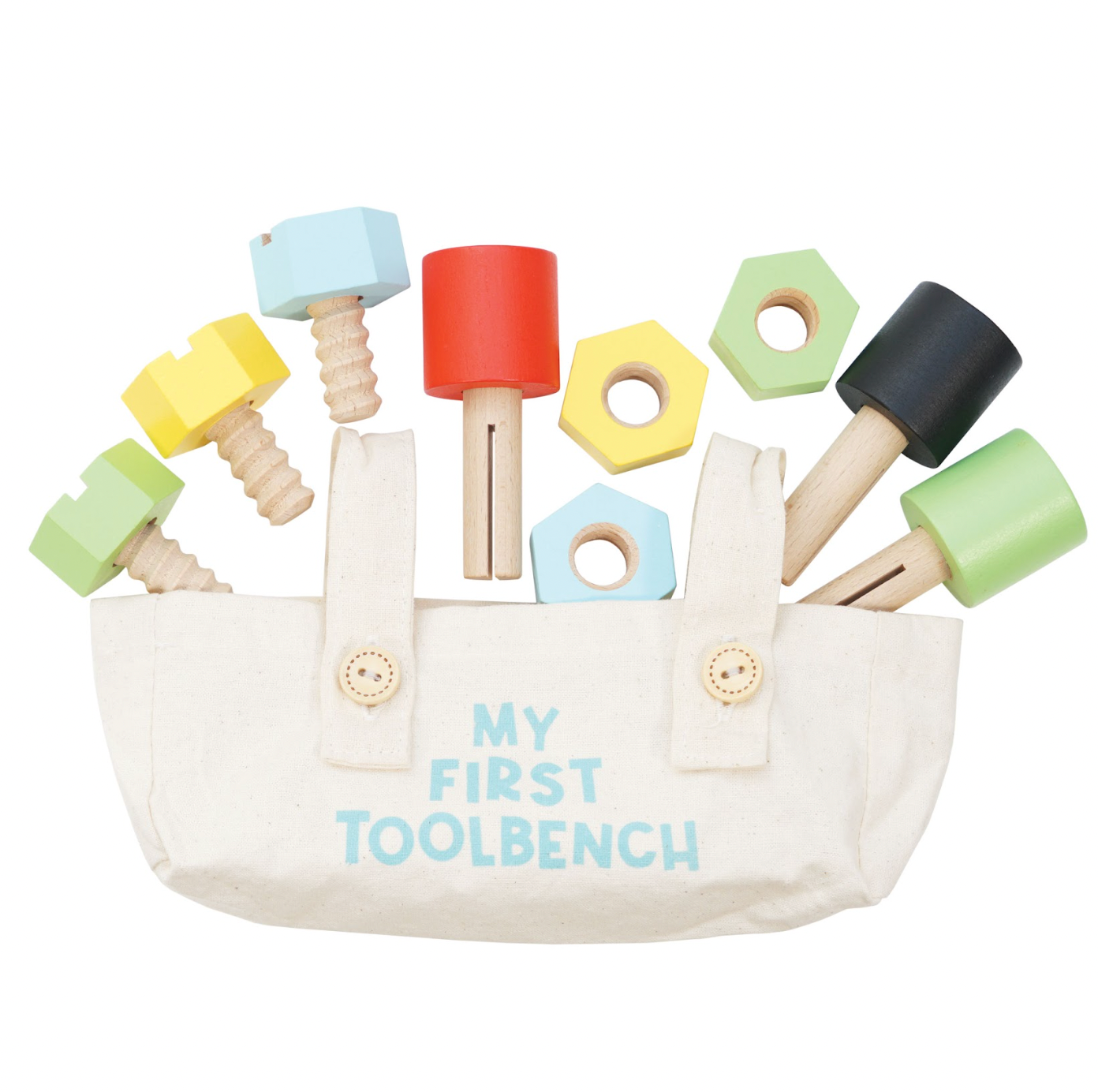Colorful wooden tool set with a canvas bag labeled 'My First Toolbench' on a white background WOODEN TOOL BENCH | LE TOY VAN 