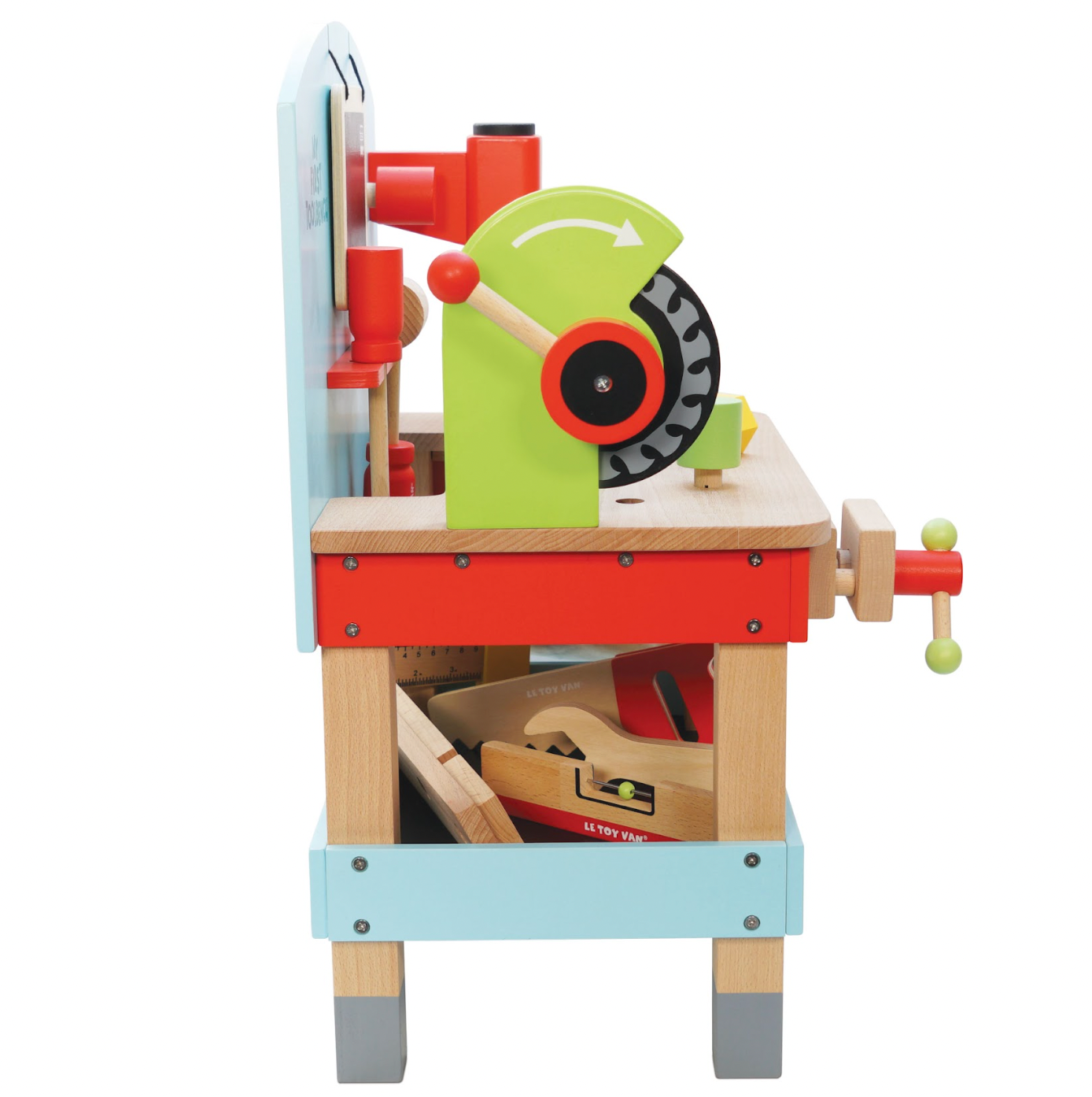 Colorful toy workbench with various tools on a white background WOODEN TOOL BENCH | LE TOY VAN 