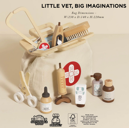 Children's toy doctor set with a bag labeled 'Little Vet, Big Imaginations' on a beige background. WOODEN TOY ANIMAL VET SET | LE TOY VAN