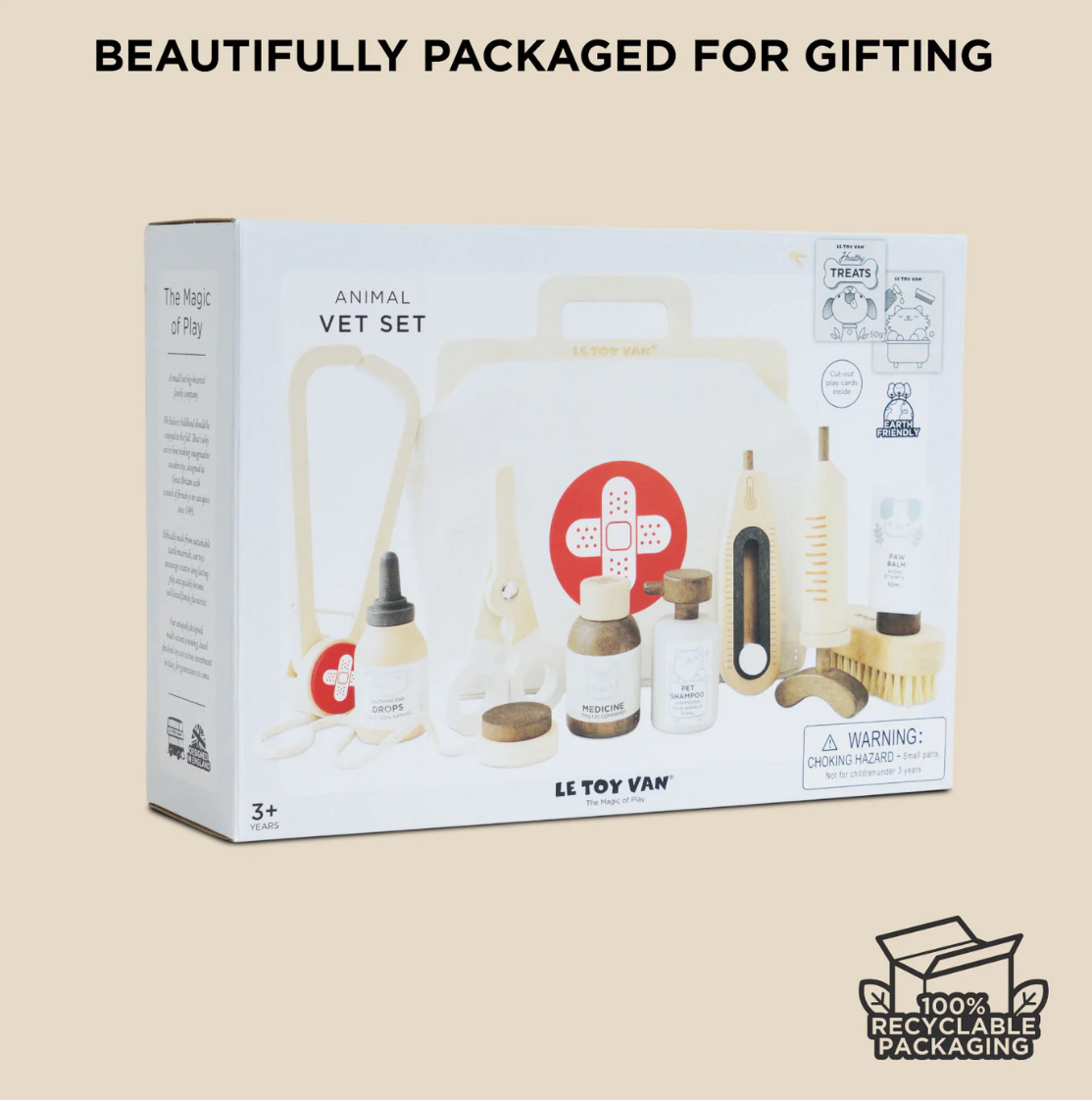 Le Toy Van animal vet set packaging on a beige background with recycling logo. WOODEN TOY ANIMAL VET SET | LE TOY VAN