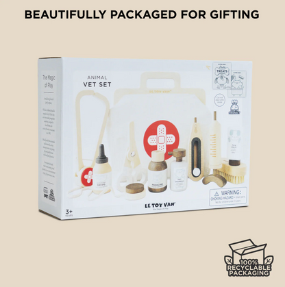 Le Toy Van animal vet set packaging on a beige background with recycling logo. WOODEN TOY ANIMAL VET SET | LE TOY VAN