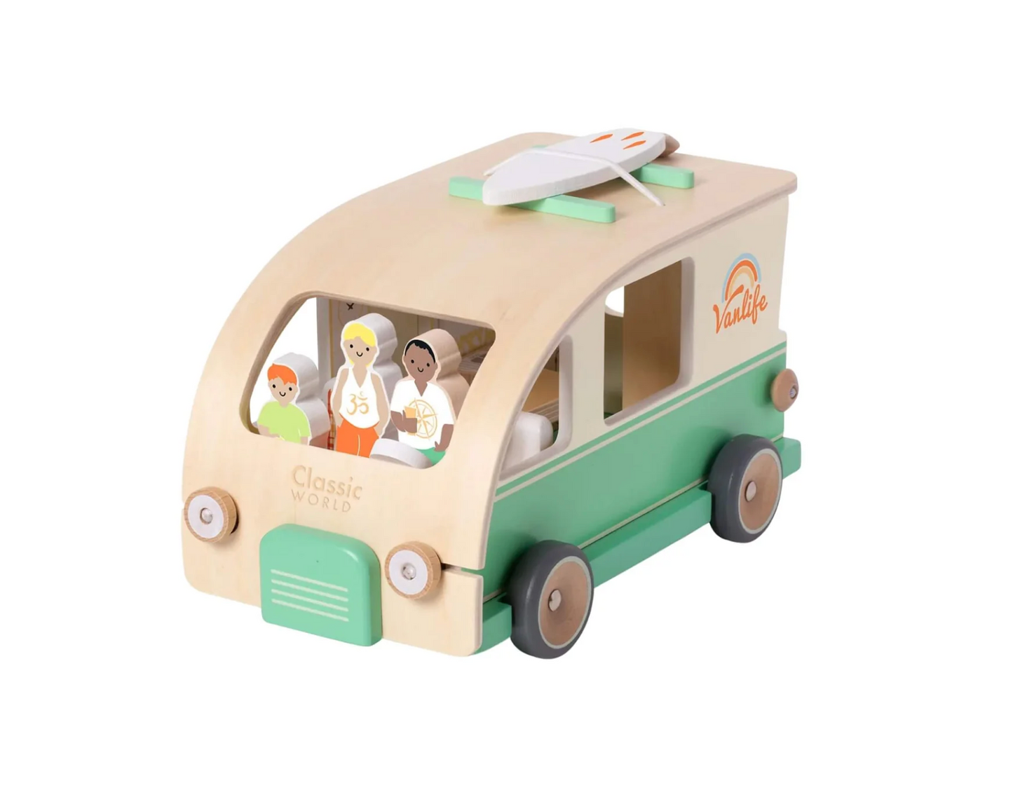 Toy camper van with cartoon characters. WOODEN TOY CAMPER VAN PLAYSET | CLASSIC WORLD