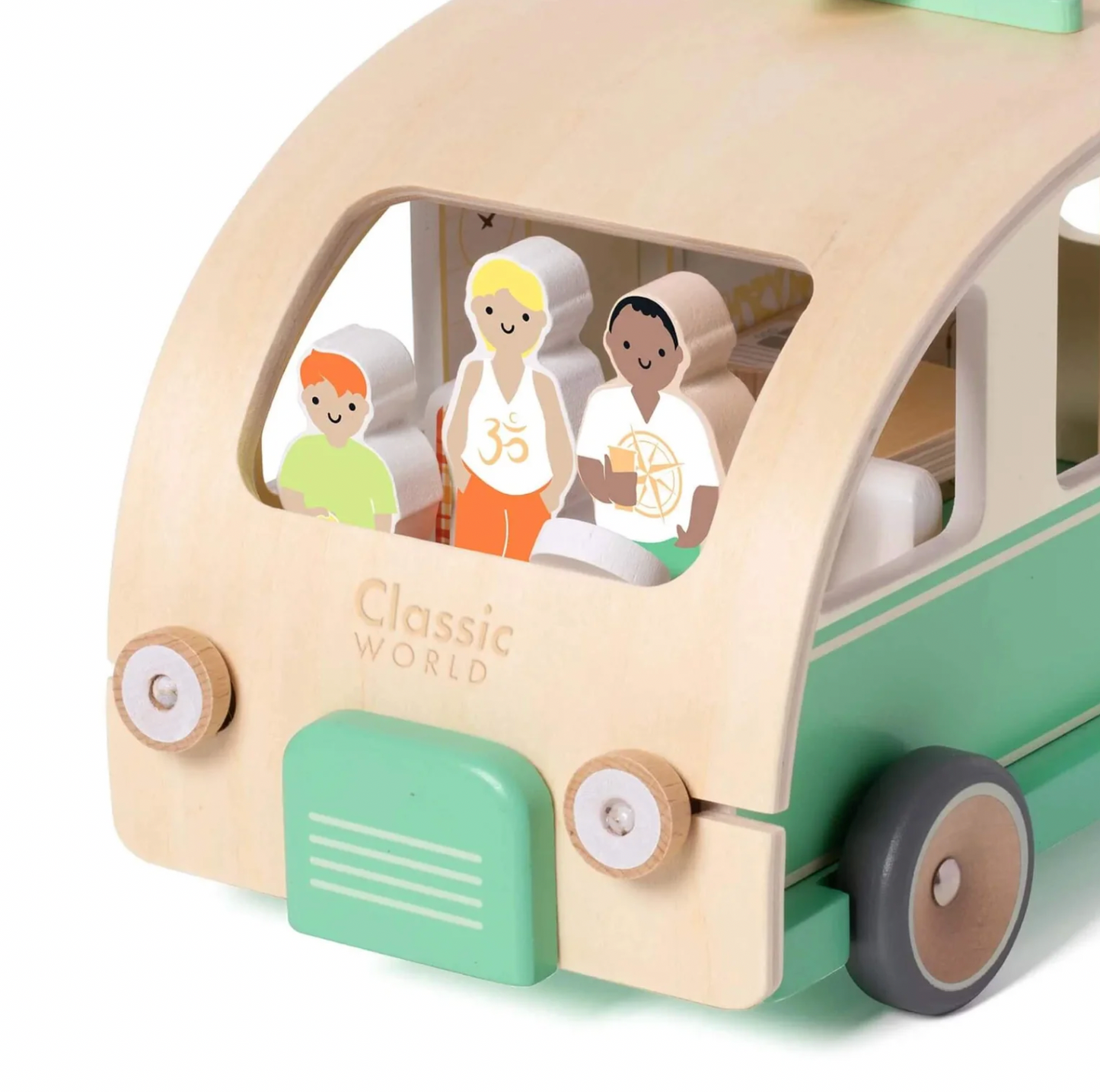 Wooden toy car with colorful figures inside, branded 'Classic World'. WOODEN TOY CAMPER VAN PLAYSET | CLASSIC WORLD