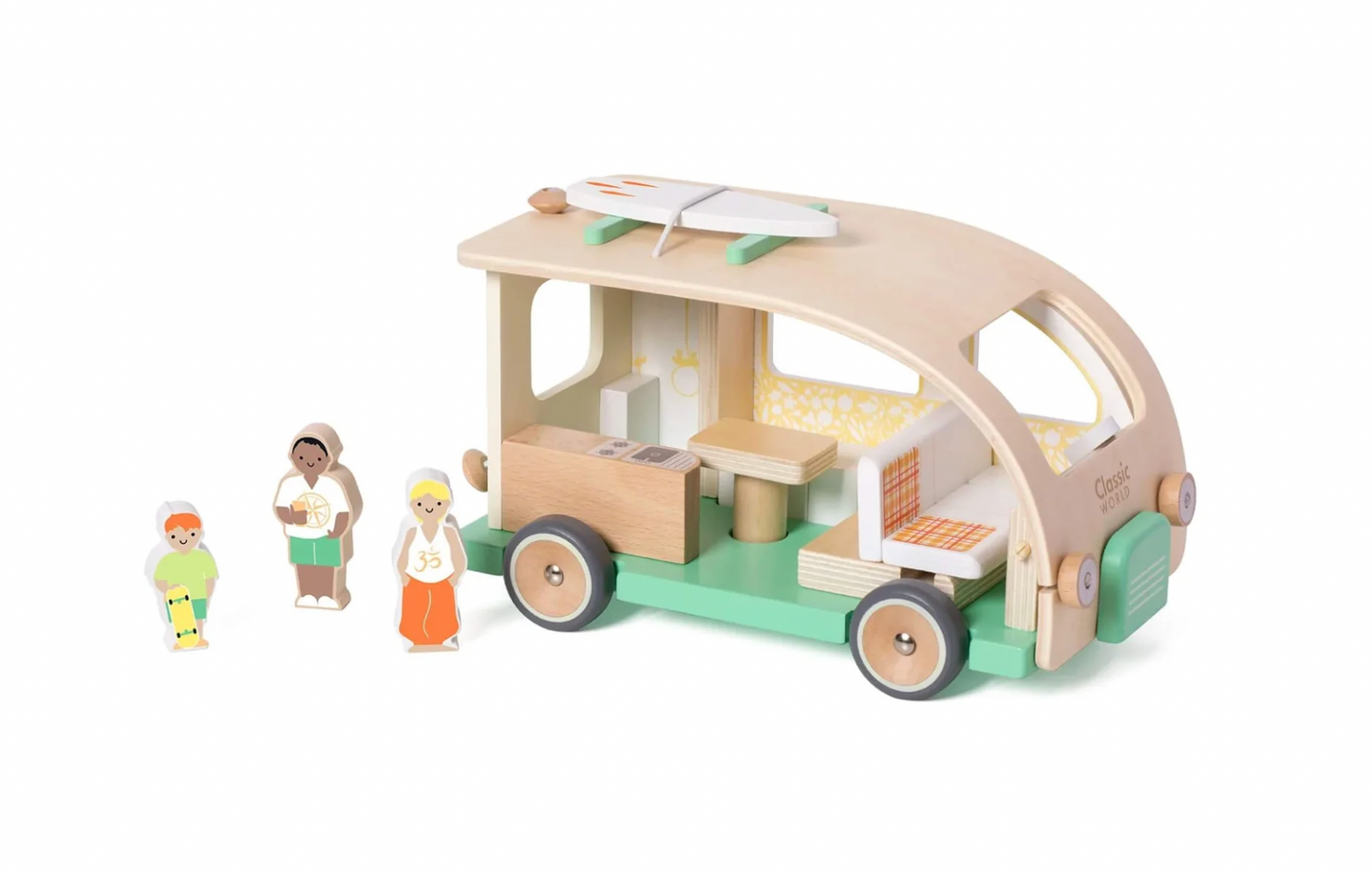 Wooden toy van with furniture and three small figures. WOODEN TOY CAMPER VAN PLAYSET | CLASSIC WORLD