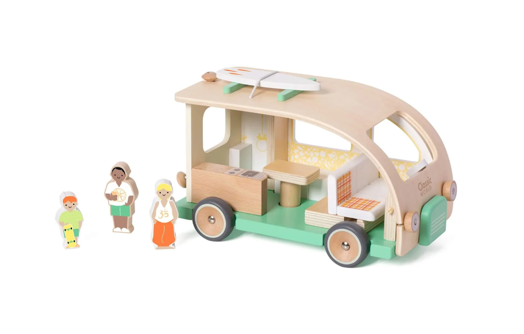 Wooden toy van with furniture and three small figures. WOODEN TOY CAMPER VAN PLAYSET | CLASSIC WORLD