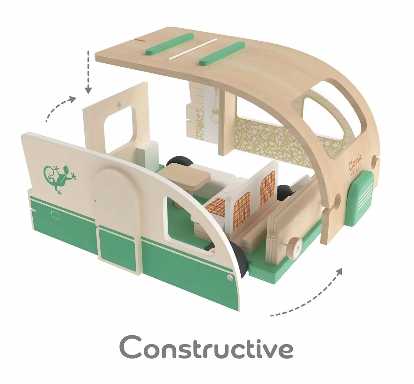 Wooden toy camper van with green and beige colors. WOODEN TOY CAMPER VAN PLAYSET | CLASSIC WORLD