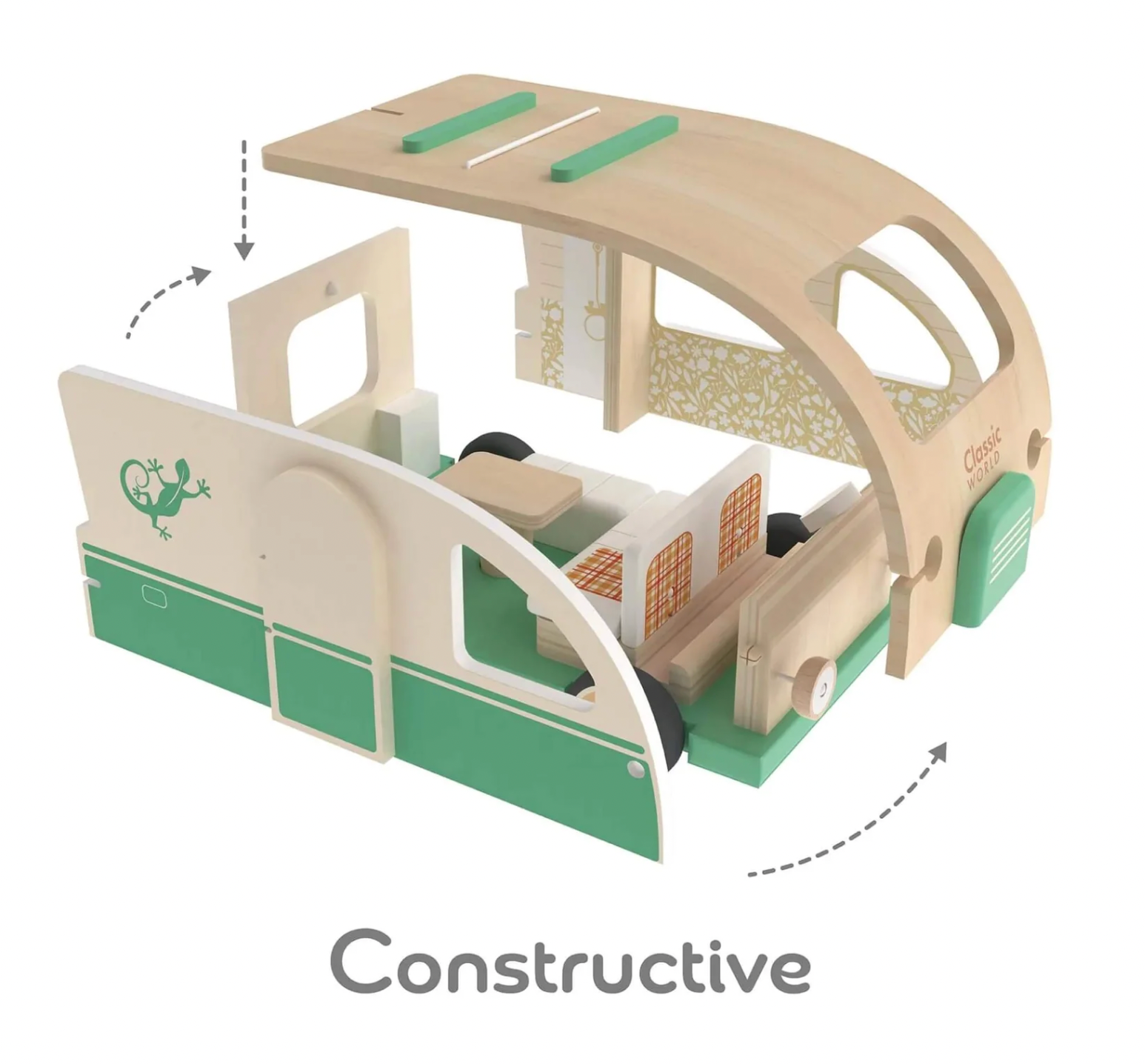 Wooden toy camper van with green and beige colors. WOODEN TOY CAMPER VAN PLAYSET | CLASSIC WORLD