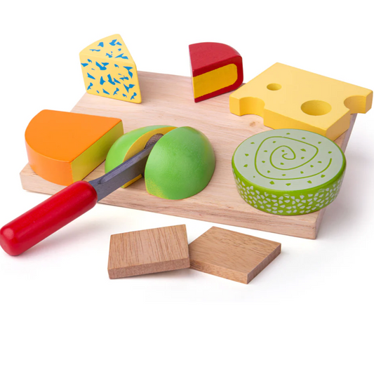 A wooden cheese board play set with various wooden cheeses, a wooden knife, and crackers. WOODEN TOY CHEESE BOARD | BIGJIGS