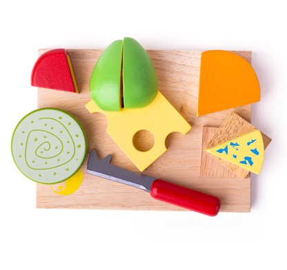 Wooden toy cutting board with colorful pretend food pieces and a knife on a white background WOODEN TOY CHEESE BOARD | BIGJIGS