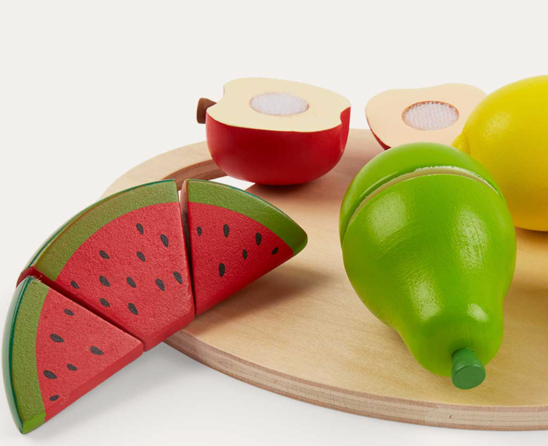 Wooden toy fruits including watermelon, apple, and pear. WOODEN TOY CUTTING FRUIT | CLASSIC WORLD