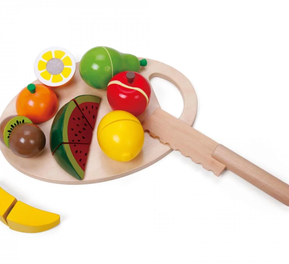 Wooden toy fruit set with a cutting board and knife. WOODEN TOY CUTTING FRUIT | CLASSIC WORLD