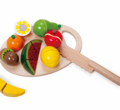 Wooden toy fruit set with a cutting board and knife. WOODEN TOY CUTTING FRUIT | CLASSIC WORLD