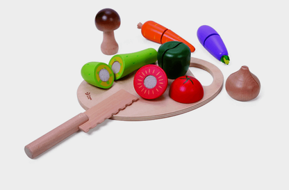 Set of colorful wooden toy vegetables and a knife. WOODEN TOY CUTTING VEGETABLES | CLASSIC WORLD