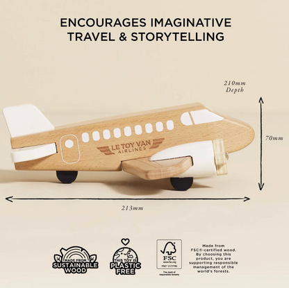 Wooden toy airplane with measurements and branding on a beige background. WOODEN TOY PLANE | LE TOY VAN