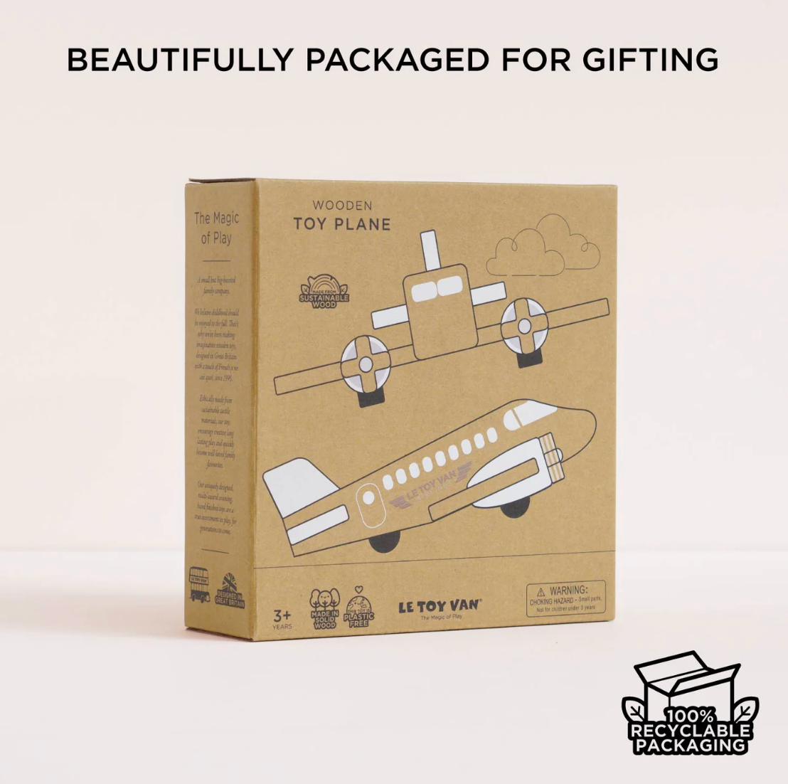 Cardboard box packaging for a wooden toy plane with branding and recycling information. WOODEN TOY PLANE | LE TOY VAN