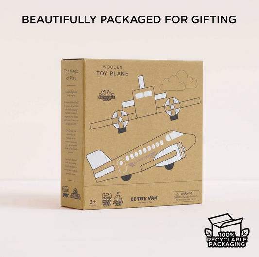 Le Toy Van Wooden Toy Plane retail gift box on a light grey background; box front shows the plane illustration with Le Toy Van branding; 100% Recyclable Packaging label visible on the side