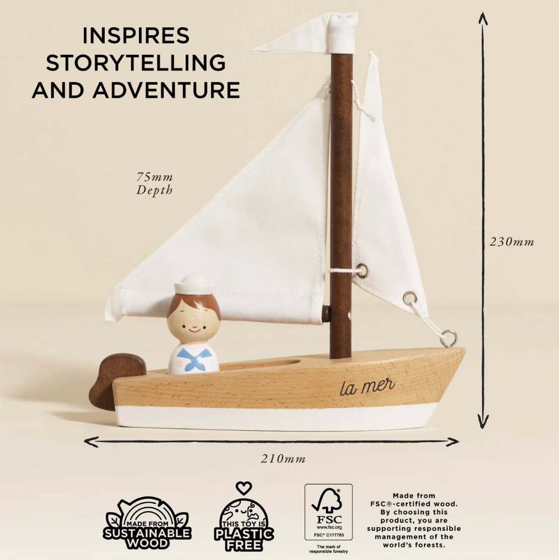 Wooden sailboat model with measurements and sustainability information on a beige background. WOODEN TOY SAILING BOAT & CAPTAIN | LE TOY VAN