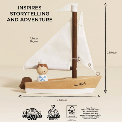 Wooden sailboat model with measurements and sustainability information on a beige background. WOODEN TOY SAILING BOAT & CAPTAIN | LE TOY VAN