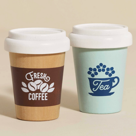 Two reusable coffee cups, one brown with 'Fresh Coffee' text and the other light blue with 'Tea' text, on a beige background.