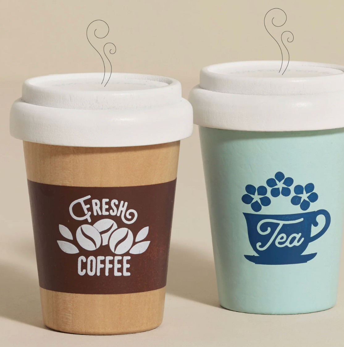 Two disposable coffee cups with 'Fresh Coffee' and 'Tea' labels on a beige background. WOODEN TOY TEA & COFFEE RE-USABLE ECO CUP | LE TOY VAN