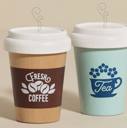 Two disposable coffee cups with 'Fresh Coffee' and 'Tea' labels on a beige background. WOODEN TOY TEA & COFFEE RE-USABLE ECO CUP | LE TOY VAN