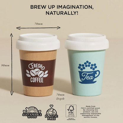 Two eco-friendly coffee cups with measurements and branding on a beige background. WOODEN TOY TEA & COFFEE RE-USABLE ECO CUP | LE TOY VAN