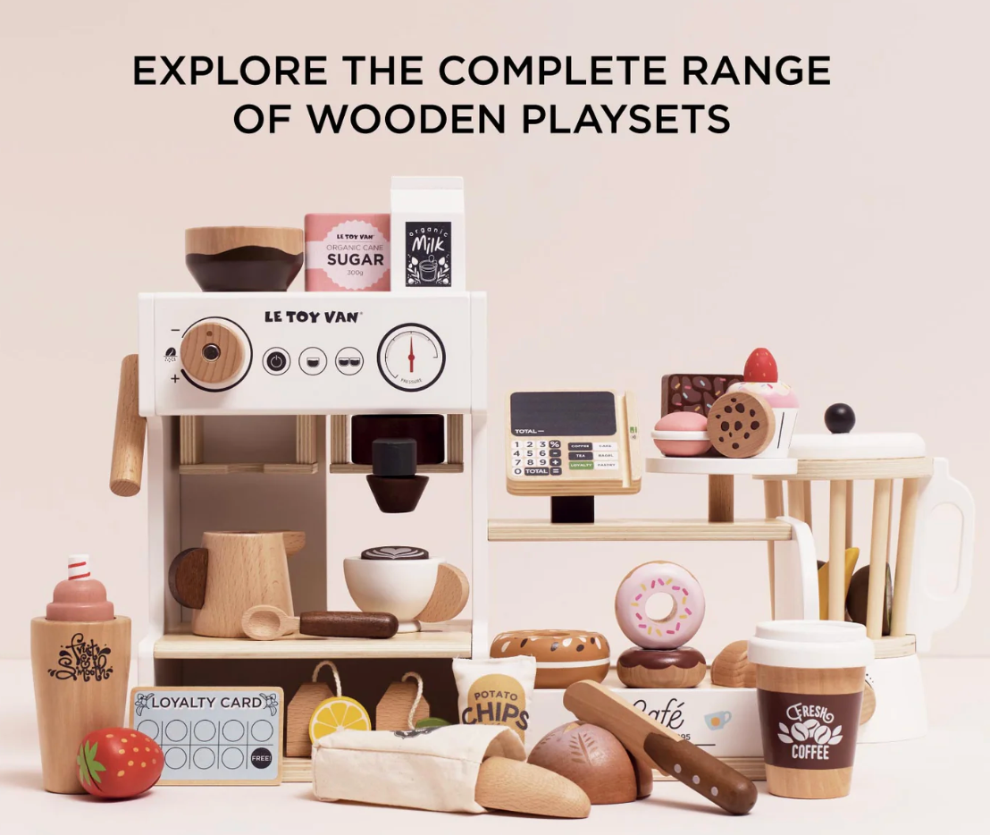 Wooden playset with coffee-themed items including a coffee machine, cups, and toys on a light background. WOODEN TOY TEA & COFFEE RE-USABLE ECO CUP | LE TOY VAN