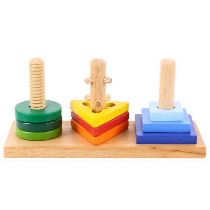 Colorful wooden toy with geometric shapes and wooden sticks on a white background WOODEN TWIST & TURN PUZZLE | BIGJIGS