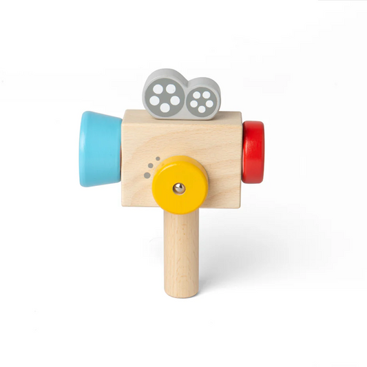 Colorful toy hammer with wooden handle and metal components on a white background WOODEN VIDEO CAMERA | BIGJIGS
