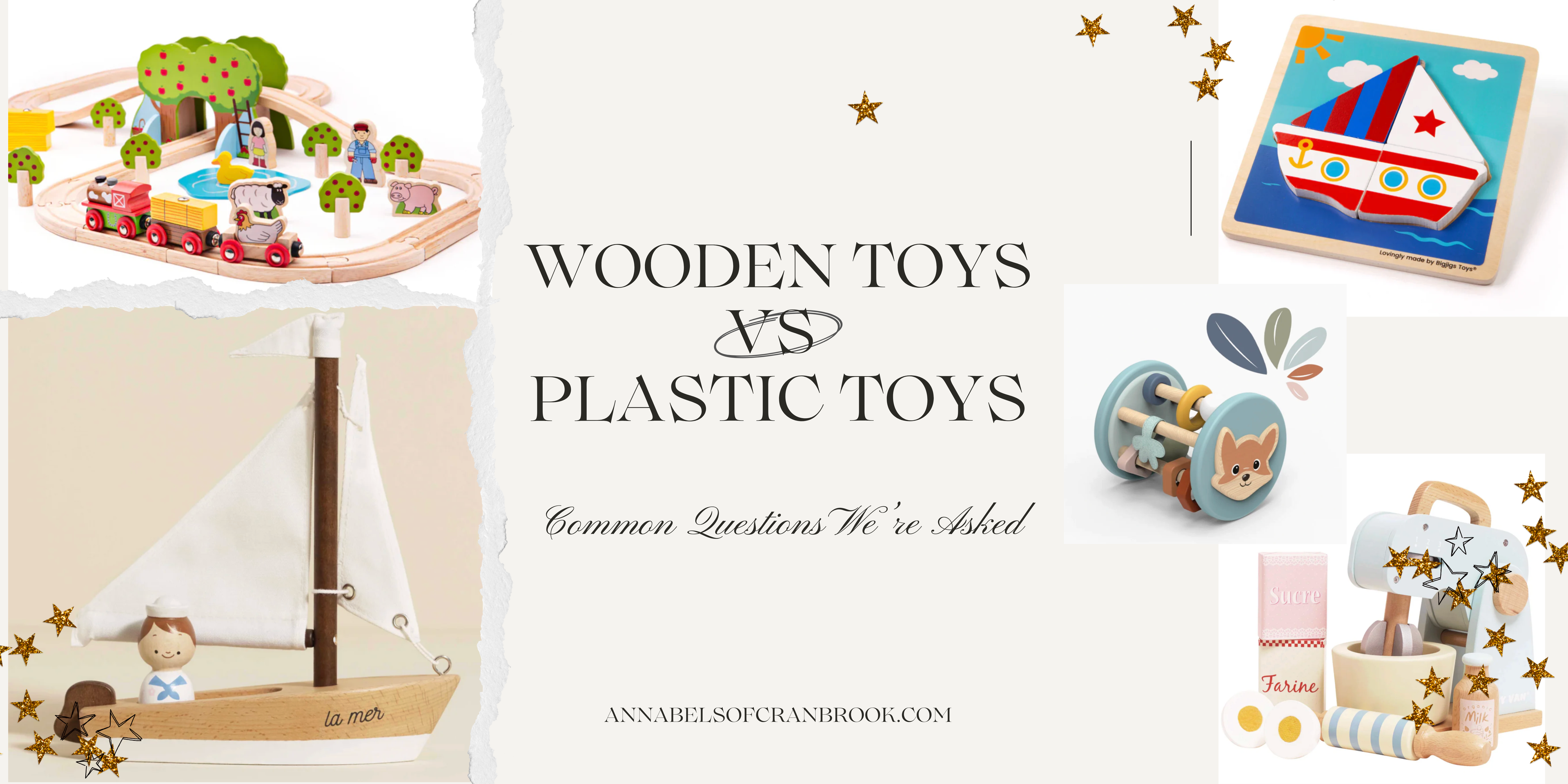 Collage of wooden toys with text about common questions asked about wooden versus plastic toys.